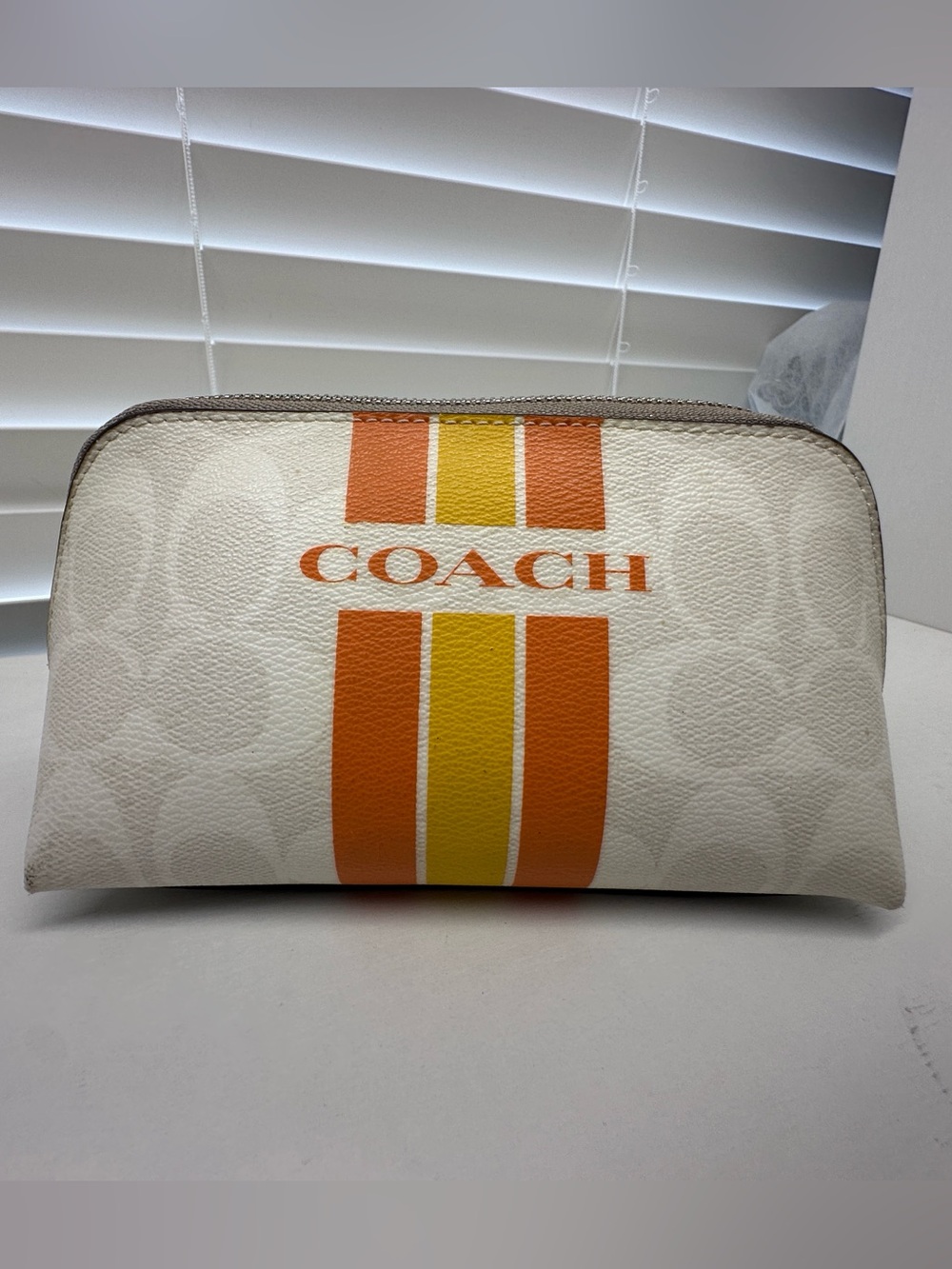 Coach Cosmetic Pouch in Cream with Orange Stripes with purple Glitter pouch - Picture 2 of 9